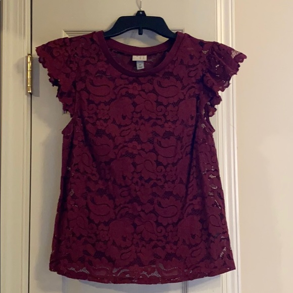 A New Day Maroon Cap Sleeve Lace Mesh Dress Top - Picture 1 of 5